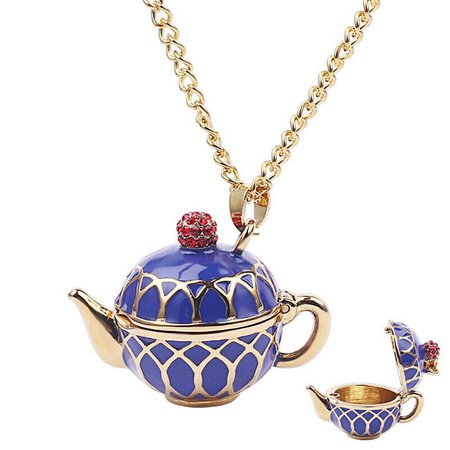 Tea Kettle Locket Necklace Tea Time Pendant Gold and Blue | Etsy