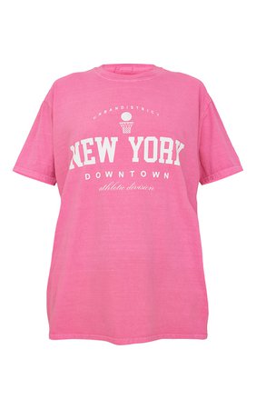 Hot Pink Washed New York Downtown Slogan T Shirt | PrettyLittleThing USA