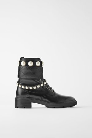 LOW HEELED LEATHER ANKLE BOOTS WITH PEARLS | ZARA United States