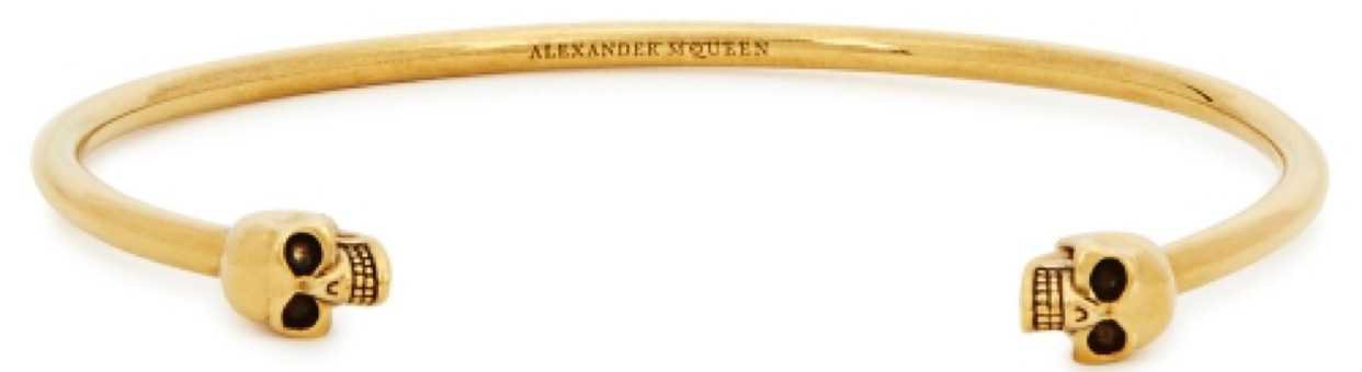 alexander mcqueen gold tone twin skull bracelet