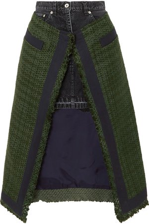 Sacai | Paneled asymmetric canvas-trimmed tweed and denim skirt | NET-A-PORTER.COM