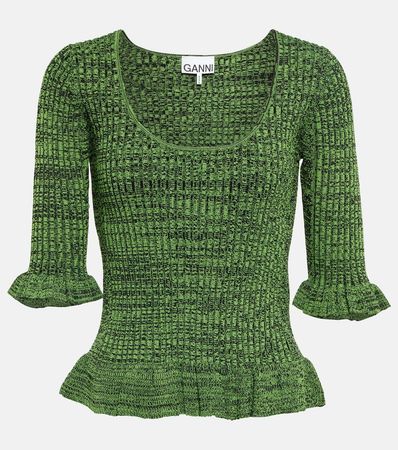Ganni - Ruffle-trimmed ribbed-knit sweater | Mytheresa