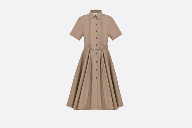 Mid-Length Belted Pleated Dress Beige Technical Cotton Gabardine | DIOR