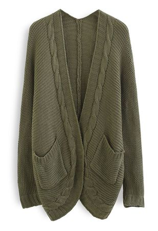 Open Front Pocket Braid Knit Cardigan in Army Green - Retro, Indie and Unique Fashion