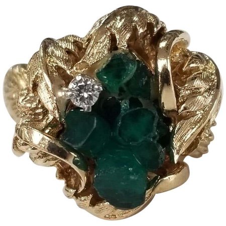 14 Karat "Chatham" Emerald Crystal Cluster and Diamond Ring For Sale at 1stDibs