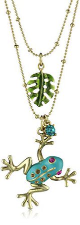 Betsey Johnson Teal and Gold Frog Pendant Necklace Two-Row Necklace: Frog Jewelry: Clothing