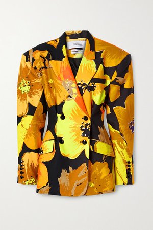 Oversized Double-breasted Floral-print Cotton-twill Blazer - Orange