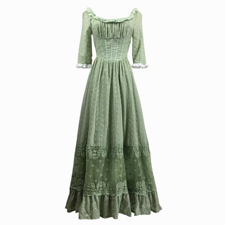Vintage Lace Stitching Green Princess Dress