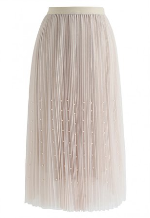 Pearls Trim Mesh Tulle Pleated Skirt in Cream - NEW ARRIVALS - Retro, Indie and Unique Fashion