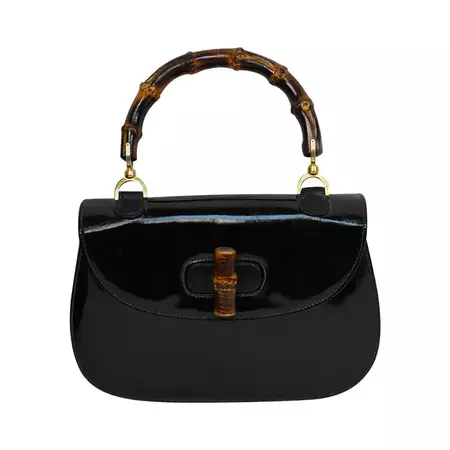 1975 GUCCI black patent leather bag with bamboo handle at 1stDibs | gucci 1975, black gucci leather purse, gucci patent leather bag
