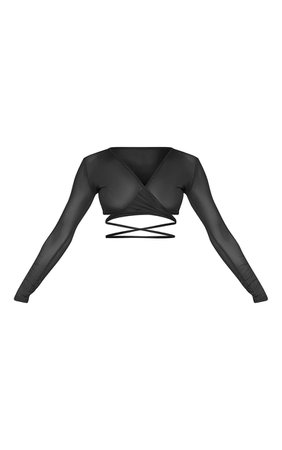 Black Mesh Tie Detail Long Sleeve Crop Top | PrettyLittleThing USA