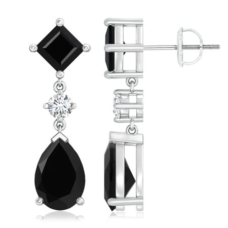 Pear and Square Black Onyx Teardrop Earrings with Diamond | Angara UK