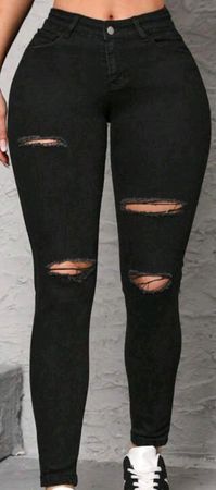 Black SHEIN PETITE Women's Ripped Slim Fit Jeans