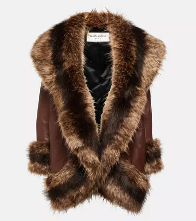 Animal Free Fur Trimmed Leather Coat in Brown - Saint Laurent | Mytheresa