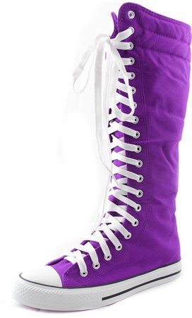 Women's Tall Canvas Lace Up Punk Sneaker Flat Knee High Boots Purple - Daily Shoes