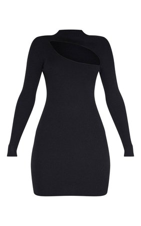 Black Slash Front Knitted Rib Mini Dress | PrettyLittleThing USA