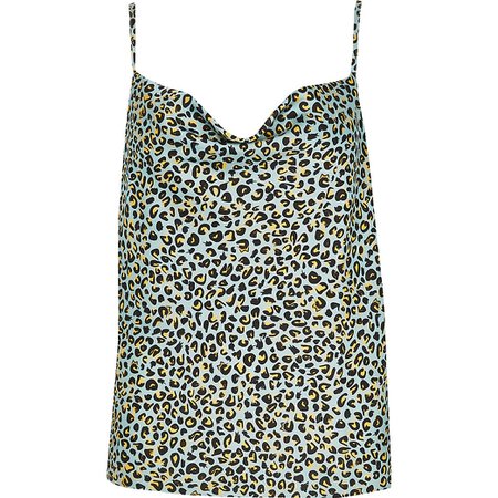 Turquoise printed cowl neck cami top | River Island
