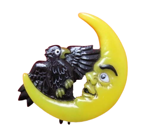 Carved Bakelite Crow on Crescent Man in Moon Halloween Pin Black Bird Elfrink