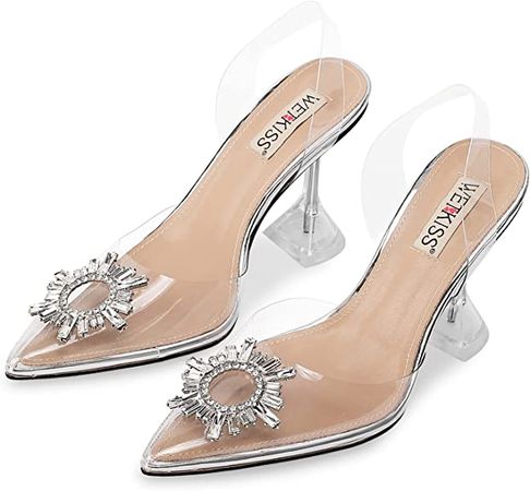 Amazon.com: wetkiss Women's Clear Heels Shoes, Crystal Rhinestones Slingback Wedding Shoes Pointed Toe High Heel Sandals