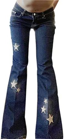 Amazon.com: Women's Vintage Denim Pants High Waisted Star Embroidery Y2k Flare Jeans Straight Casual Baggy Bell Bottoms Trousers (Color : Blue, Size : Large) : Clothing, Shoes & Jewelry