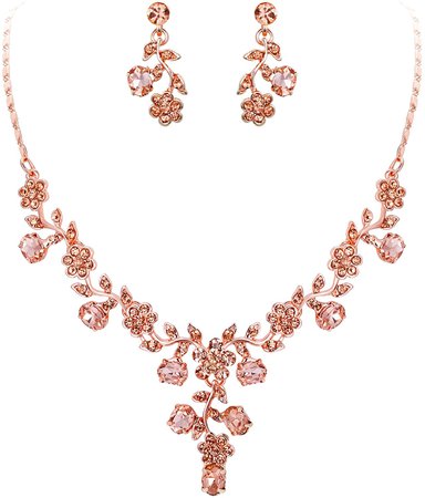 EVER FAITH Austrian Crystal Wedding Flower Leaf Necklace Earrings Set Champange Color Rose Gold-Tone