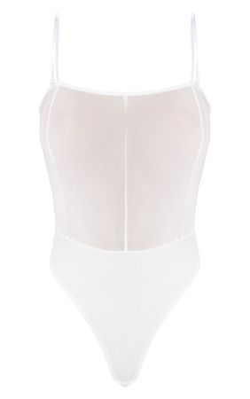 White Strappy Mesh Seam Detail Bodysuit | PrettyLittleThing