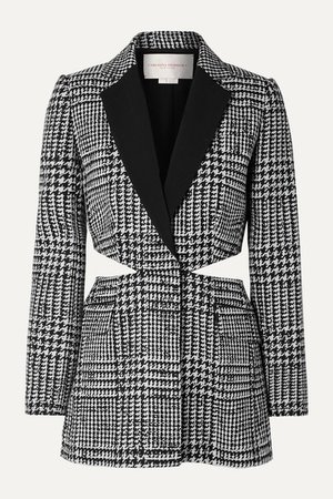 Cutout Crepe-trimmed Prince Of Wales Checked Wool And Silk-blend Blazer - Black