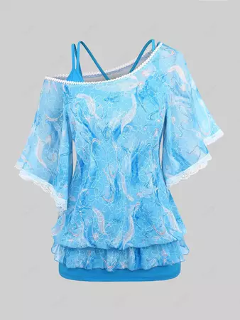 Solid Crisscross Cami Top And Skew Neck Flutter Sleeves Lace Trim Floral Feather Print Mesh Ruffles Layered T-shirt Set [41% OFF] | Rosegal
