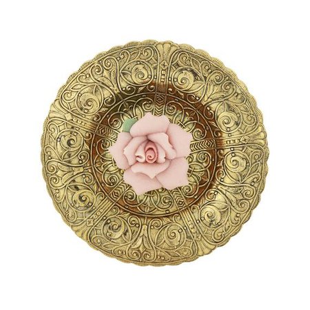 1928 Jewelry Gold-Tone Etched Disk with Pink Porcelain Rose Pin