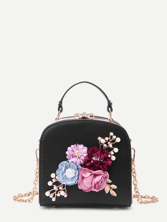 3D Flower Faux Pearl Detail Shoulder Bag