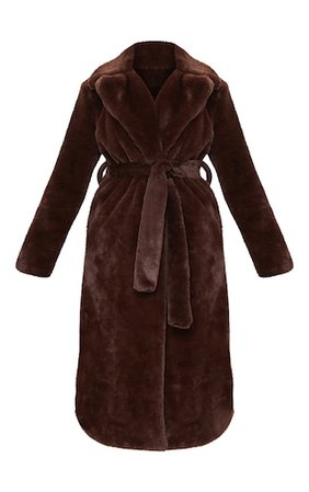Petite Chocolate Belted Faux Fur Coat | PrettyLittleThing USA