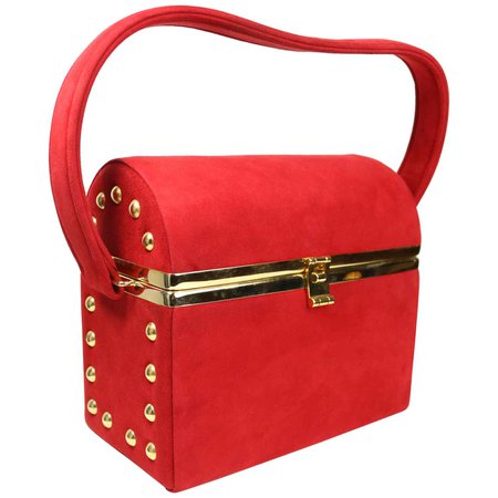 Vintage 80s Bruno Magli Red Suede with Gold Studs Vanity Handbag For Sale at 1stDibs