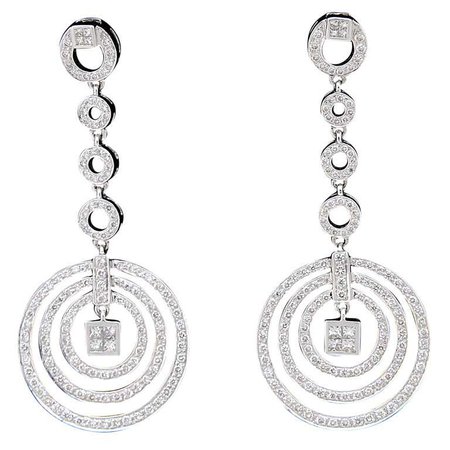 Diamond Dangling Circle White Gold Drop Earrings For Sale at 1stDibs