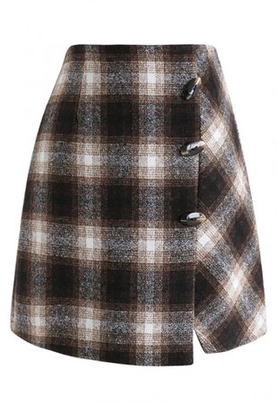 Plaid Button Trim Mini Skirt in Brown - Skirt - BOTTOMS - Retro, Indie and Unique Fashion