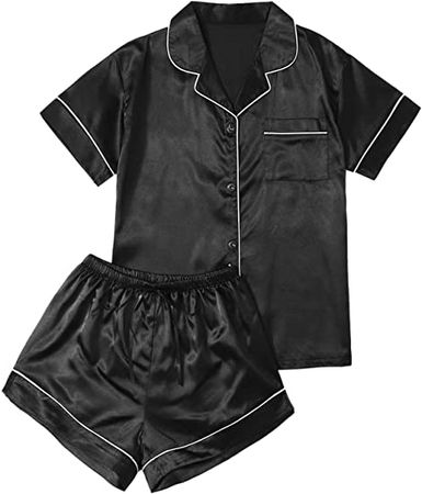 Verdusa Women's 2pc Satin Nightwear Button Front Sleepwear Short Sleeve Pajamas Set Black at Amazon Women’s Clothing store