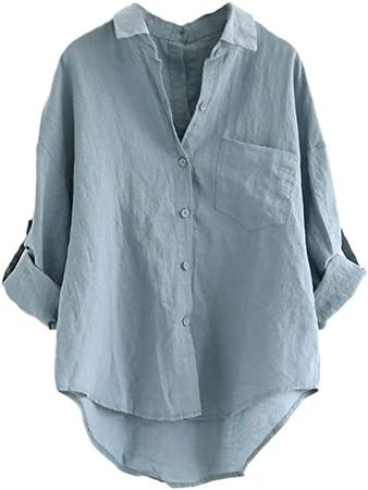 Minibee Women's Linen Blouse High Low Shirt Roll-Up Sleeve Tops at Amazon Women’s Clothing store