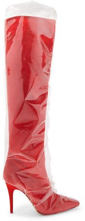 C/o Jimmy Choo Elisabeth 100 Pvc-wrapped Satin Knee Boots - Red