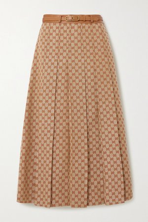 Beige Belted leather-trimmed linen-blend jacquard midi skirt | Gucci | NET-A-PORTER