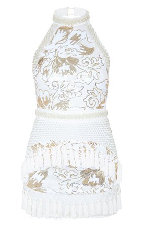 Charlyia White Premium Halterneck Sequin Tassel Bodycon Dress | PrettyLittleThing USA