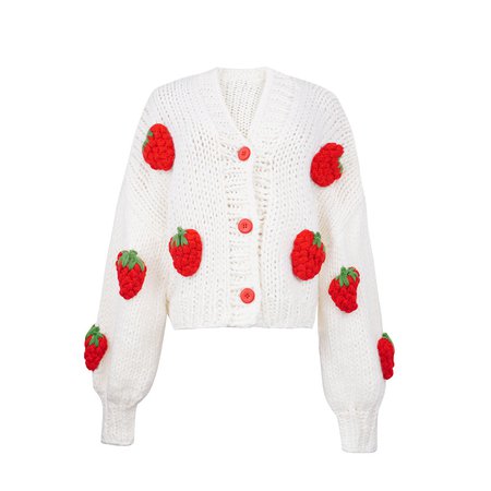 Strawberry Red Button Embroidery Knit Handmade Sewing Cute Girl Spring Autumn Fall Winter Sweet Soft Long Sleeve Loose White Sweater Cardigan · sugarplum · Online Store Powered by Storenvy