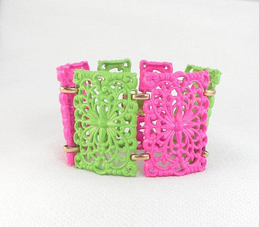 Vintage Wide Filigree Bright Pink and Green Panel Bracelet Wow | Etsy