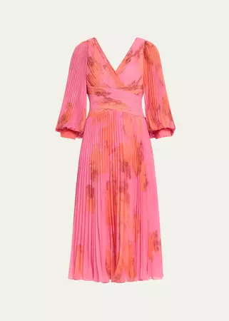 Rickie Freeman for Teri Jon Pleated Abstract-Print Chiffon Midi Dress - Bergdorf Goodman