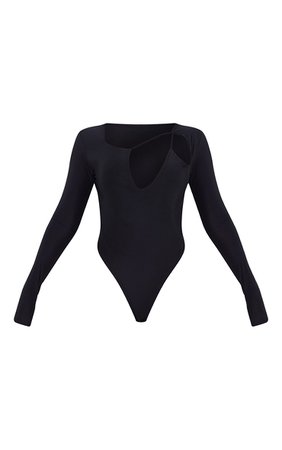 Black Slinky Strappy Cut Out Long Sleeve Bodysuit | PrettyLittleThing USA