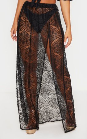 Black Lace Split Maxi Beach Skirt | Swimwear | PrettyLittleThing