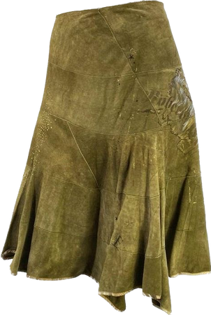 roberto cavalli astrology printed olive suede leather flare skirt