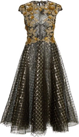 Pamella Roland Floral-Appliqued Sequined Cocktail Dress