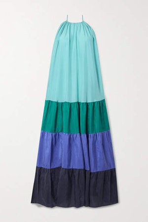 Nuccia Tiered Color-block Washed Silk-satin Maxi Dress - Teal