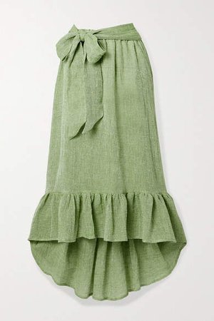 Nicole Belted Ruffled Linen-blend Gauze Midi Skirt - Green