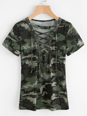 Camouflage Print Lace Up Front Tee