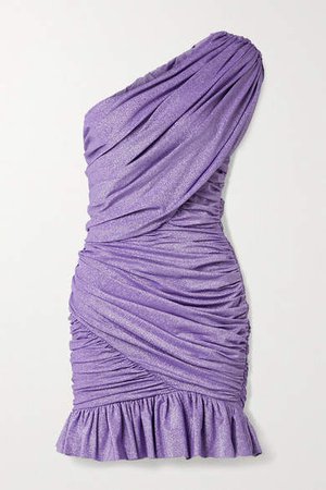 One-shoulder Ruched Metallic Stretch-jersey Mini Dress - Lavender